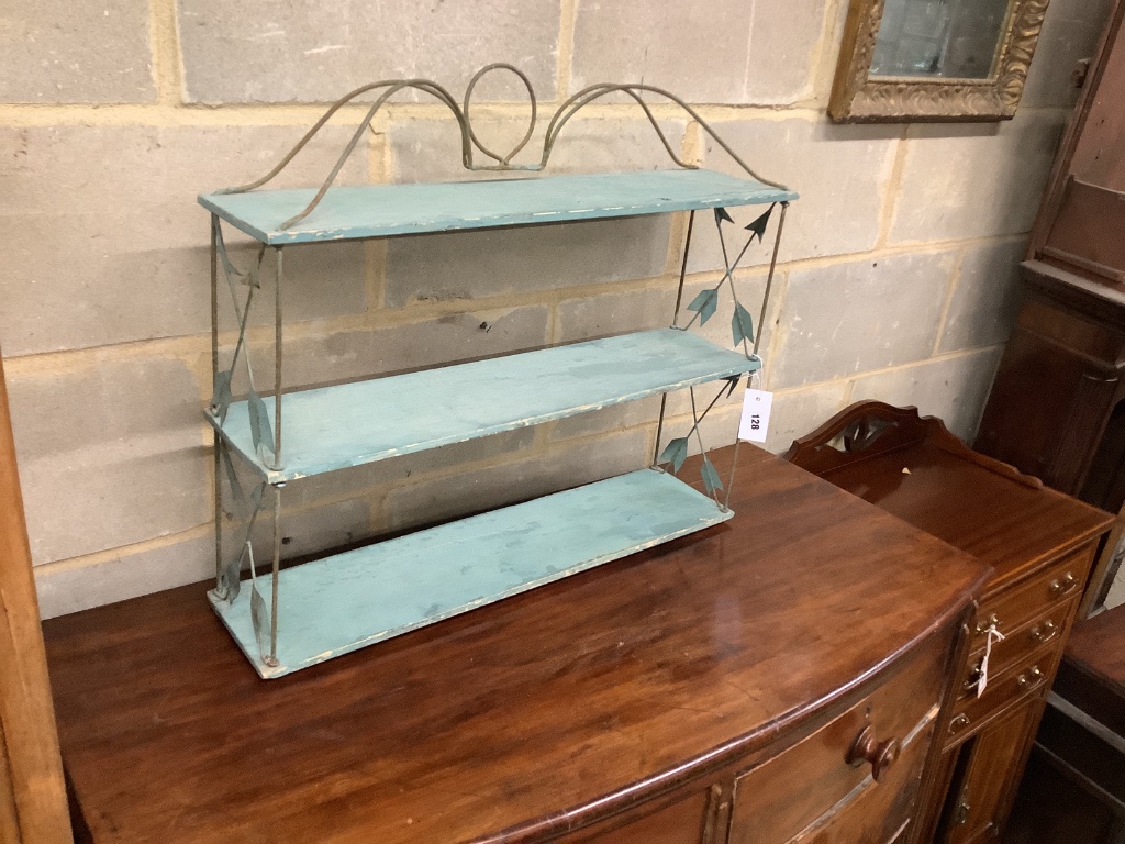 A rectangular giltwood wall mirror, width 56cm, height 44cm together with a painted three tier wall bracket, width 66cm